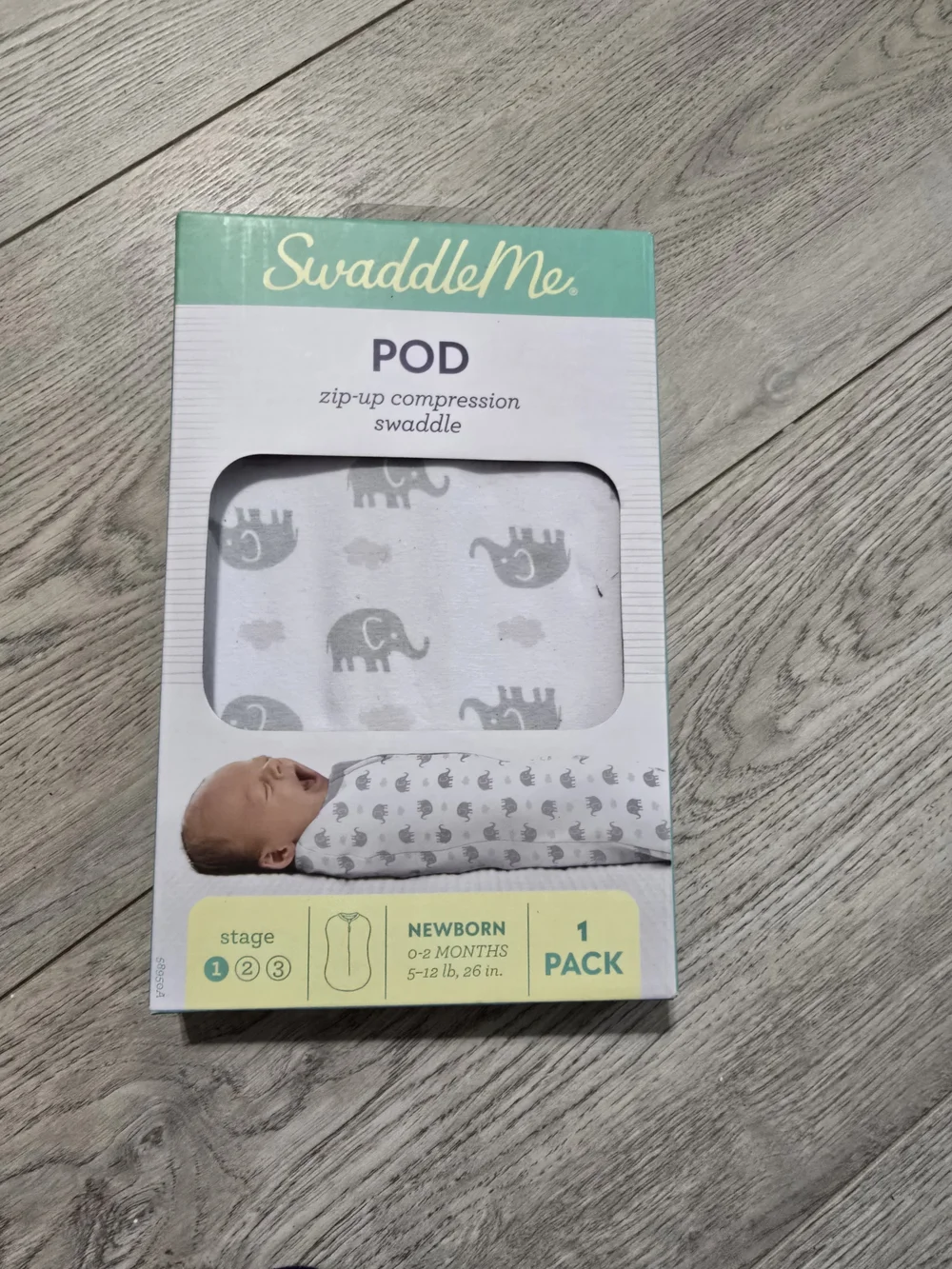 SwaddleMe Pod Zip-Up Compression Swaddle in White and Gray Elephant Print